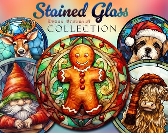 Pacote de enfeites de Natal em vitral PNG: designs redondos para sublimação (download digital)