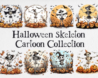 Halloween Skeleton Cartoon collection, Skeletons Clipart, Dancing Skeleton, Transparent PNG, Papercraft - Junk Journal, Scrapbooking,