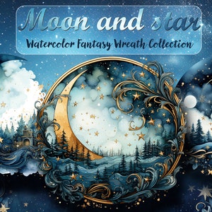 Aquarela fantasia lua e estrelas, Sobreposições de coroa de lua, Estrelas em aquarela, Paisagens em aquarela, Lua pintada, Luas crescentes com estrelas