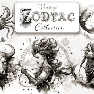 Collezione di clipart di segni zodiacali vintage, PNG oroscopo, segno zodiacale retrò, astrologia, costellazione zodiacale vintage, clipart di segni zodiacali