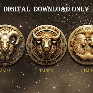 Zodiac Signs Clipart Horoscope PNG, Golden 3D zodiac art collection, Clip Art Bundle Astrological Elements, Fantasy Horoscope sublimation, Clip Art Bundle for Magic & Astrology, Transparent PNG,