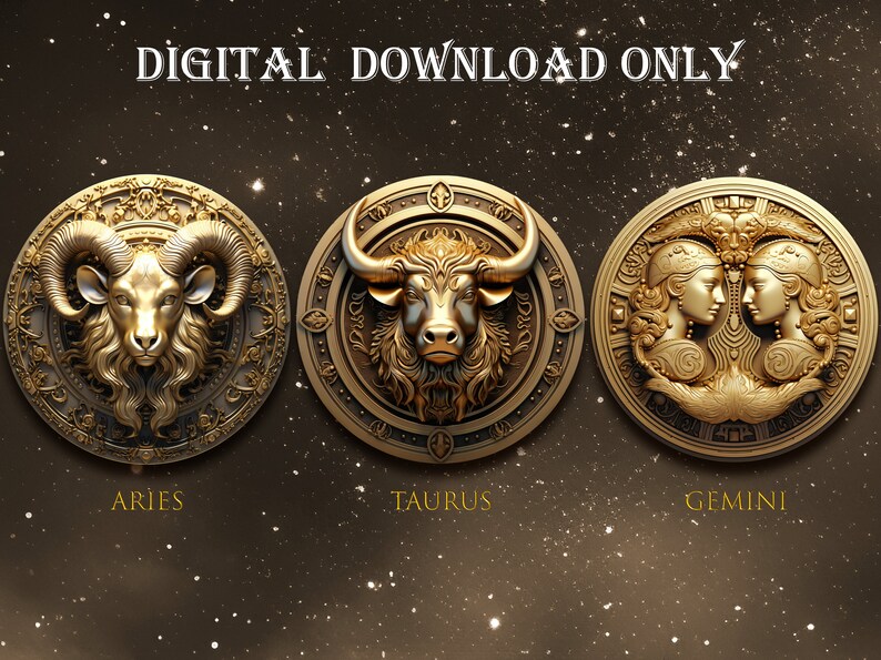 Zodiac Signs Clipart Horoscope PNG, Golden 3D zodiac art collection, Clip Art Bundle Astrological Elements, Fantasy Horoscope sublimation, Clip Art Bundle for Magic & Astrology, Transparent PNG,