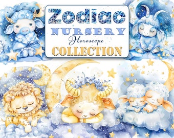 Zodiac baby clipart, Zodiac Signs watercolor Png, Cute kids horoscope, Zodiac horoscope Nursery Wall Art, Nursery Decor, Baby Birth Sign png