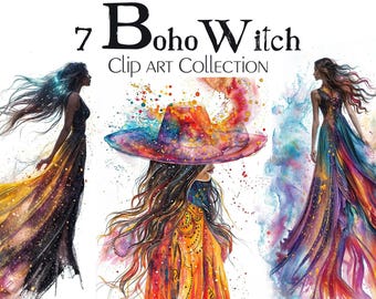 Boho Witch Clipart: Watercolor Halloween Witchcraft PNG Bundle (Digital Download)