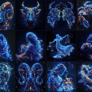 May include: A collage of twelve zodiac signs, each depicted as a constellation of stars against a dark blue background. The signs are Aries, Taurus, Gemini, Cancer, Leo, Virgo, Libra, Scorpio, Sagittarius, Capricorn, Aquarius, and Pisces.