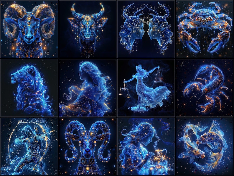 May include: A collage of twelve zodiac signs, each depicted as a constellation of stars against a dark blue background. The signs are Aries, Taurus, Gemini, Cancer, Leo, Virgo, Libra, Scorpio, Sagittarius, Capricorn, Aquarius, and Pisces.