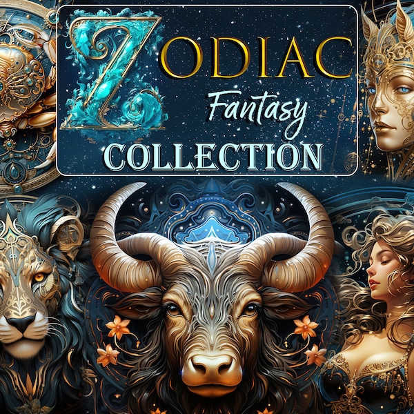 Zodiac Signs fantasy collection, Astrological clipart, Celestial Horoscope, Galaxy Celestial Star Signs, Fantasy Horoscope Digital Graphics