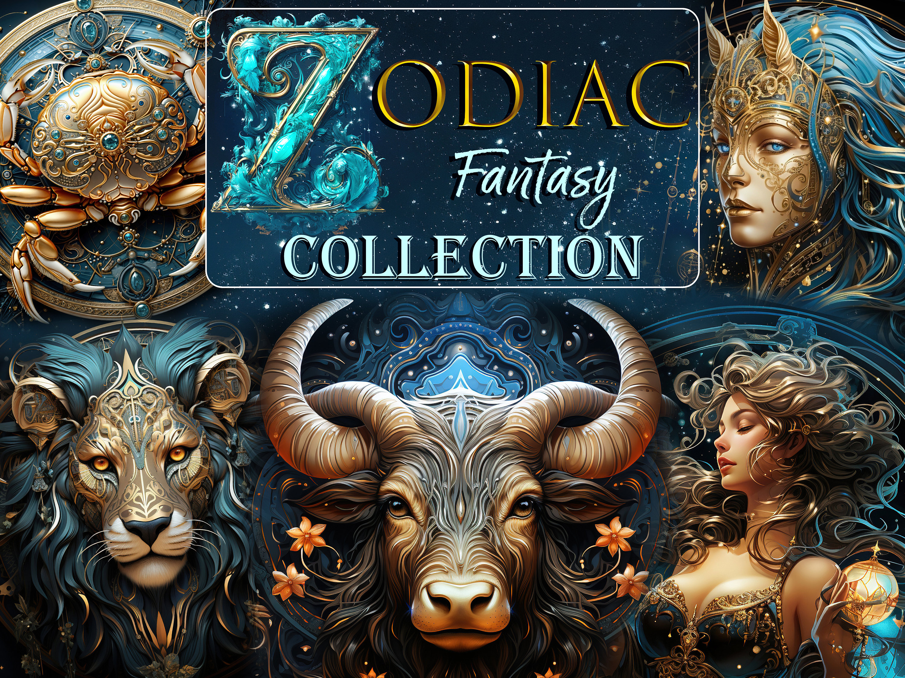Zodiac Signs fantasy collection, Astrological clipart, Celestial Horoscope, Galaxy Celestial Star Signs, Fantasy Horoscope Digital Graphics