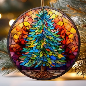 Christmas tree Ceramic Ornament, Faux Stained Glass, Holiday Gift, Heirloom Keepsake, Round Ceramic, Bauble Present, Christmas Decoration,