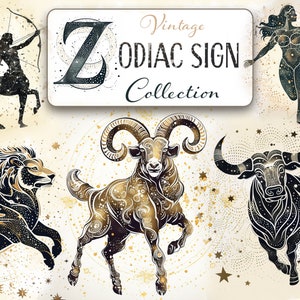 Kolekcja Vintage Zodiac Sign Clipart, Horoscope PNG, Retro Zodiac Sign, Astrologia, Vintage Zodiac Constellation, Astrological Sign Clipart