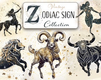 Puede incluir: Ilustración de la colección Vintage Zodiac Sign con una silueta en blanco y negro de un Sagitario, una silueta en blanco y negro de un Tauro, una silueta en blanco y negro de un Leo, una silueta en blanco y negro de un Aries y una silueta en blanco y negro de una Virgo.