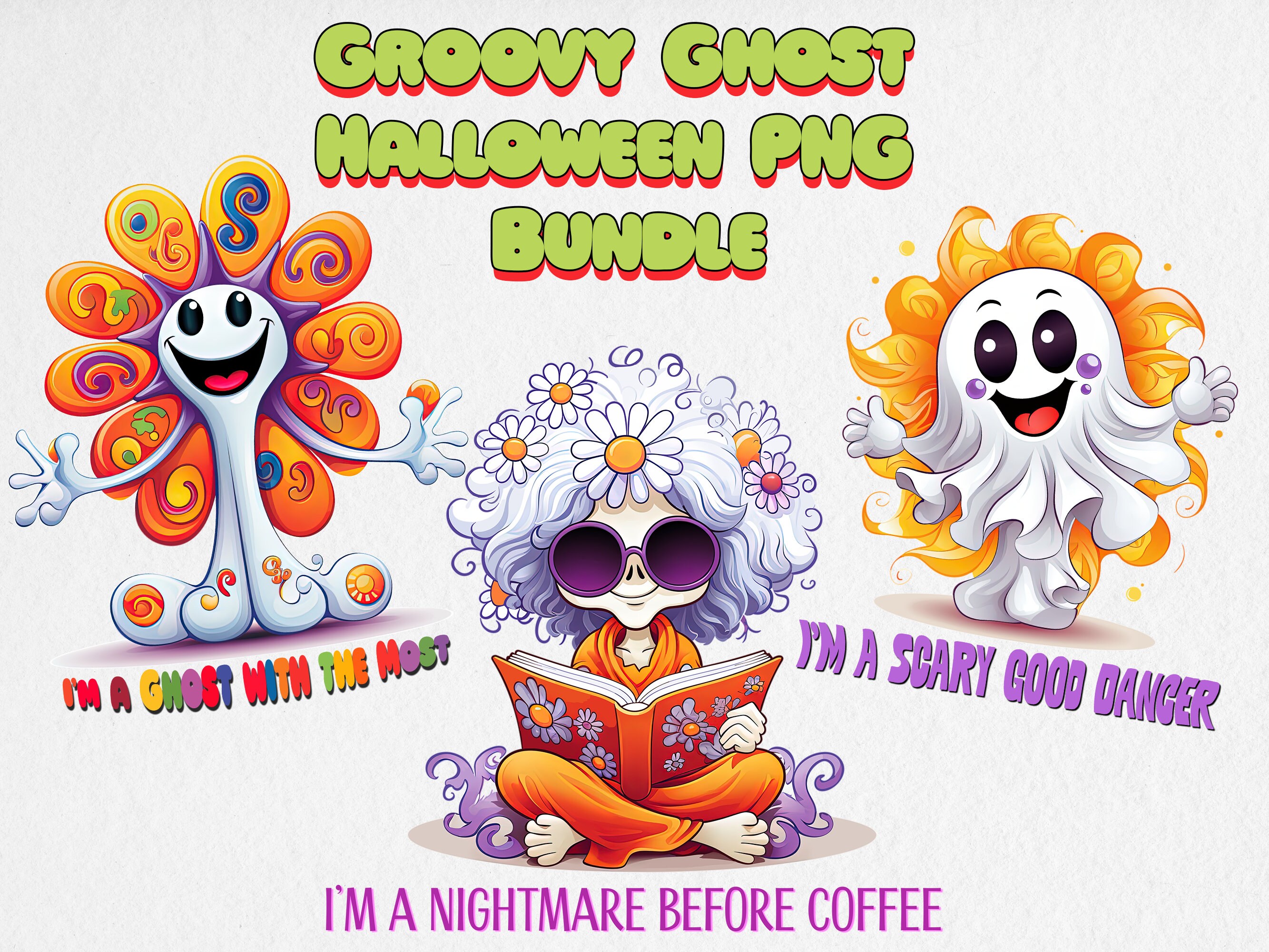 Pacote PNG Fantasma de Halloween: Designs de Sublimação Retro (Download Digital)