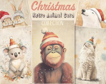30 cartes de Noël d'animaux rétro : collection vintage des Fêtes (téléchargement numérique)