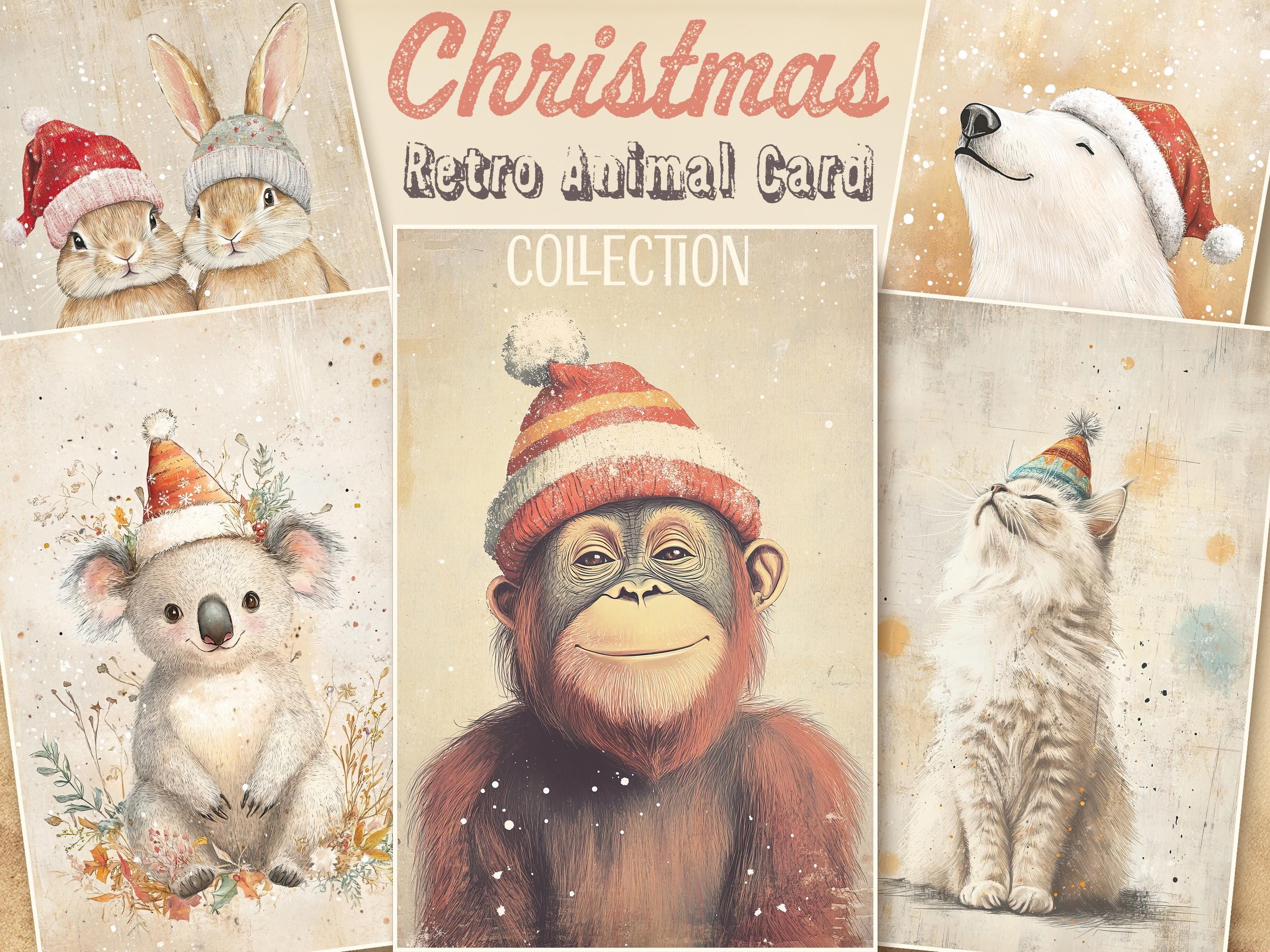 レトロな動物のクリスマスカード30枚：ヴィンテージホリデー