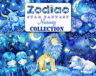 Watercolor Zodiac Sign Clipart: Fantasy Star Nursery Art (PNG)
