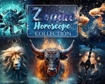 Zodiac Signs Clipart Bundle, Fantasy Horoscope Digital Graphics, Fantasy Galaxy Celestial Star Sign, Instant Download, Celestial collection