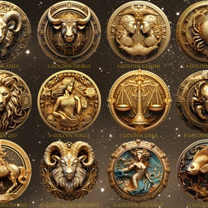 Zodiac Signs Clipart Horoscope PNG, Golden 3D zodiac art collection, Clip Art Bundle Astrological Elements, Fantasy Horoscope sublimation, Clip Art Bundle for Magic & Astrology, Transparent PNG,