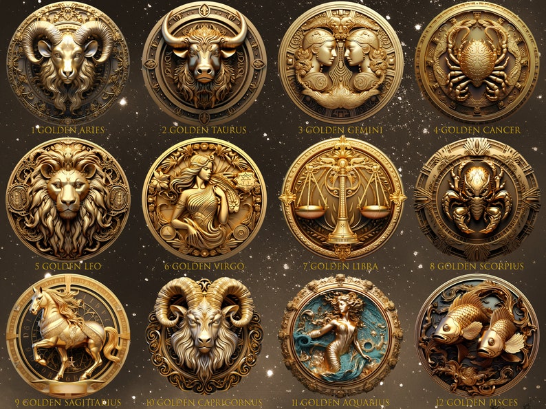 Zodiac Signs Clipart Horoscope PNG, Golden 3D zodiac art collection, Clip Art Bundle Astrological Elements, Fantasy Horoscope sublimation, Clip Art Bundle for Magic & Astrology, Transparent PNG,