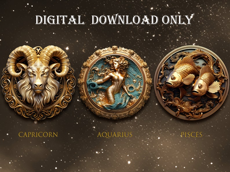 Zodiac Signs Clipart Horoscope PNG, Golden 3D zodiac art collection, Clip Art Bundle Astrological Elements, Fantasy Horoscope sublimation, Clip Art Bundle for Magic & Astrology, Transparent PNG,