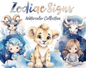 Watercolor Zodiac Sign Clipart, Baby Nursery Art (Digital Download)