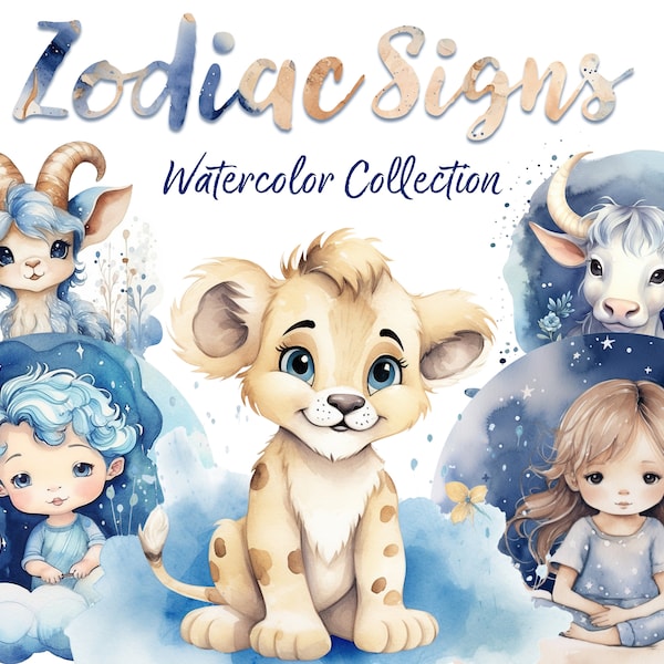 Zodiac baby clipart, Zodiac Signs watercolor, Zodiac horoscope Nursery Wall Art, Nursery Decor, Baby Birth Sign, Cute kids horoscope,