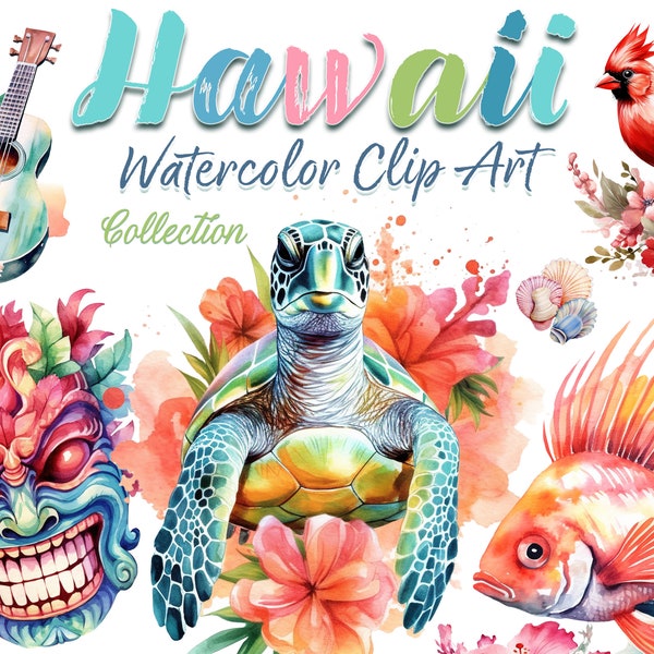 Tropical Tiki Luau Clipart Collection, Watercolor Hawaiian Clipart collection, Luau clipart, Digital Hawaiian Clipart, Island Summer Fun