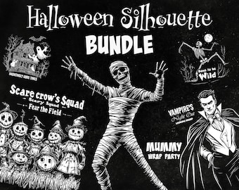 Paquete de siluetas PNG de Halloween: personajes espeluznantes, cortados con láser (descarga digital)