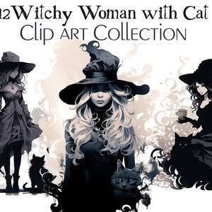 12 Witchy woman with cat PNG, Witch cat bundle, Halloween witch silhouette, Halloween Witch Fashion Clipart, Witches PNG, Watercolor clipart