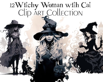 Clipart heks en kat: Halloween-aquarel png-bundel (digitale download)