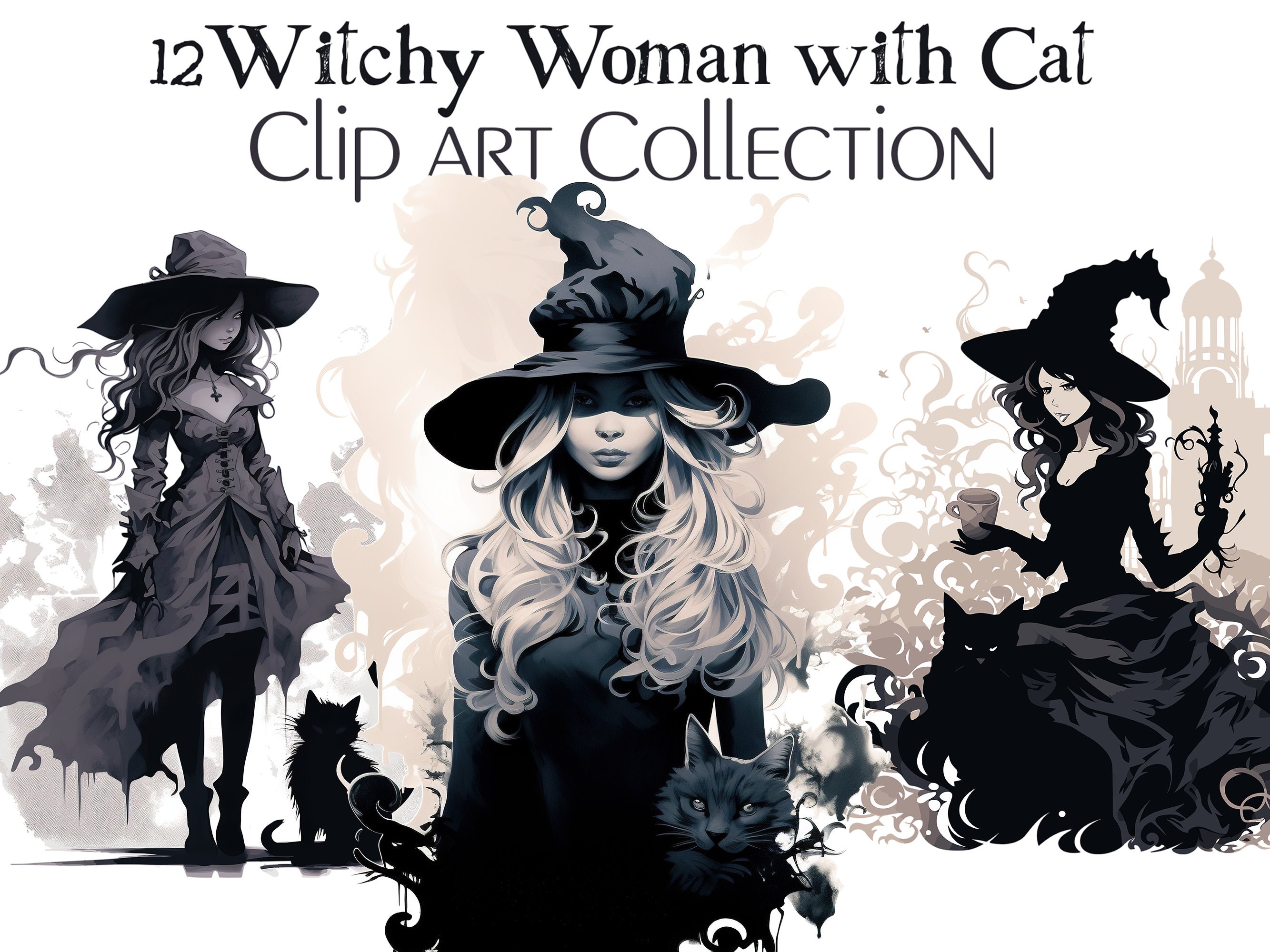 Witch and Cat Clipart: Halloween Watercolor PNG Bundle (Digital Download)