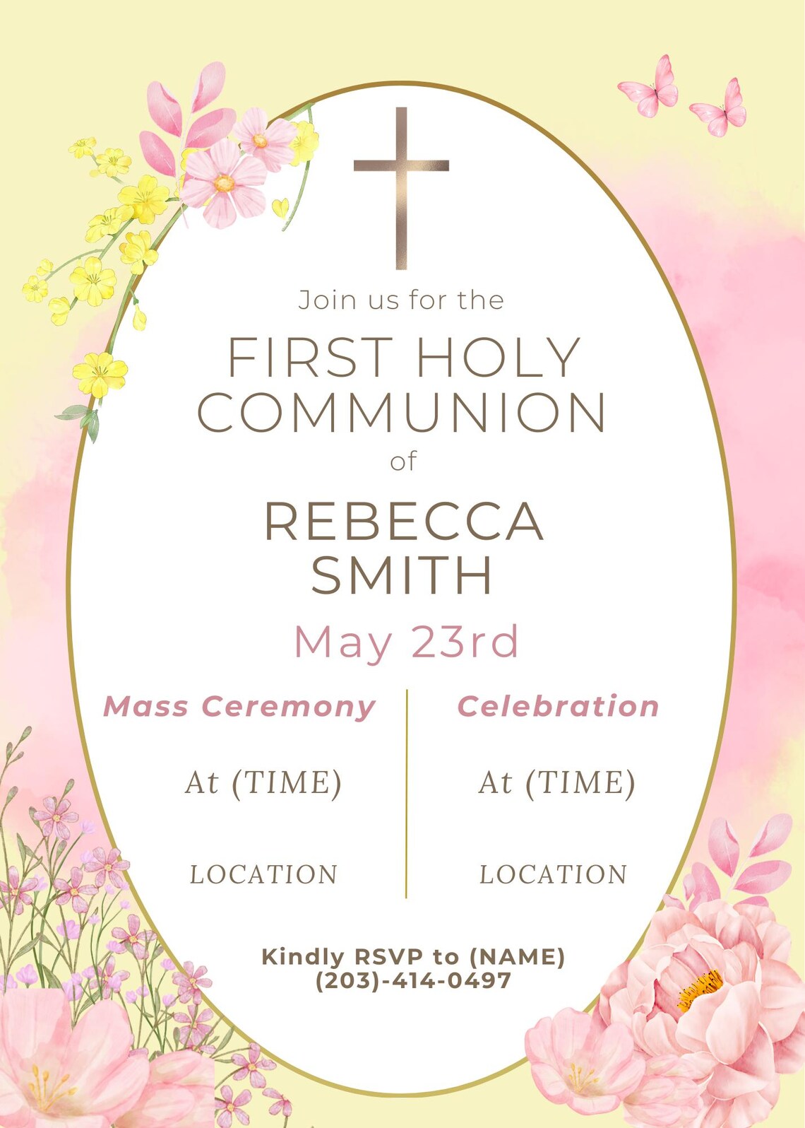 First Holy Communion Invitation (yellow and Pink) - Etsy