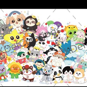May include: A colorful illustration featuring a heart-shaped arrangement of various cartoon characters. The characters include animals, people, and fantasy creatures in diverse colors and styles. The image has a playful and whimsical aesthetic.