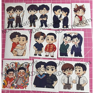 May include: A collection of stickers featuring cartoon illustrations of male characters in various poses and outfits. The stickers showcase different styles, including casual wear, formal attire, and traditional clothing, with a focus on friendship and camaraderie.