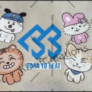 Puede incluir: Un gráfico azul y blanco con el texto "Born to Beat" rodeado de cuatro personajes de dibujos animados de animales: un perro blanco con un sombrero azul, un conejito rosa con un vestido rosa, un tigre marrón y un gato blanco y naranja con un pañuelo azul.