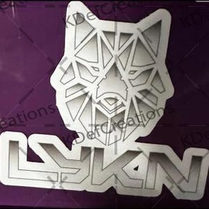 May include: A white geometric wolf head design with the word "LYKAN" underneath. The design is on a purple background.