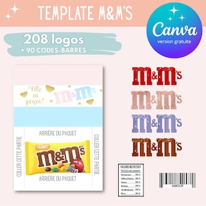 Modelo completo para criação de embalagens M&m's, template (template) no Canva +190 logos e 90 códigos de barras para download