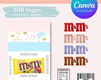 Modelo completo para criação de embalagens M&m's, template (template) no Canva +190 logos e 90 códigos de barras para download