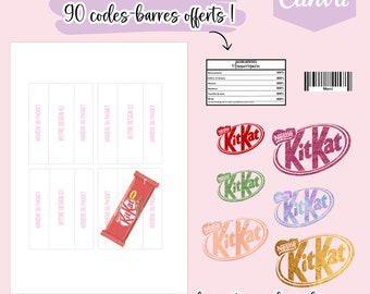 Modèle complet pour créer des emballages KitKat mini, template (gabarit) sur Canva + 190 logos et 90 codes-barres en téléchargement