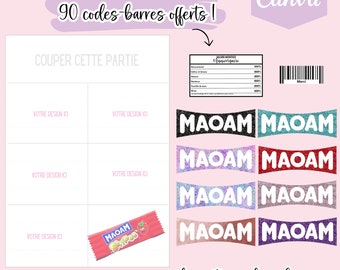 Modèle complet pour créer des emballages Maoam, template (gabarit) sur Canva + 290 logos et 90 codes-barres en téléchargement