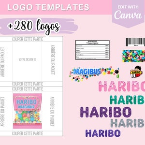 Modèle complet pour créer des emballages Haribo petit et moyen sachet, template gabarit sur Canva 190 logos et 90 codes-barres image 1