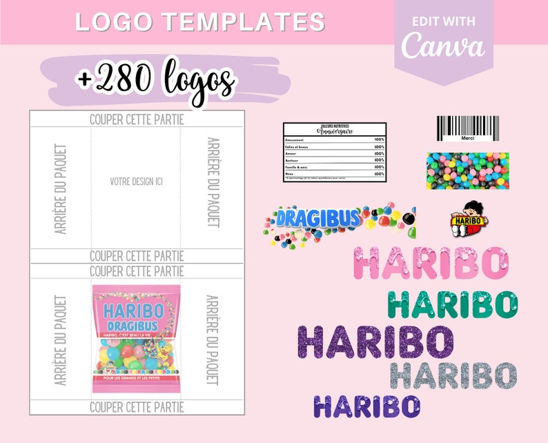 Modèle complet pour créer des emballages Haribo petit et moyen sachet, template gabarit sur Canva 190 logos et 90 codes-barres image 1