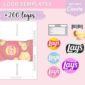 Modèle complet pour créer des emballages chips Lay's, template gabarit sur Canva 110 logos et 90 codes-barres en téléchargement image 1