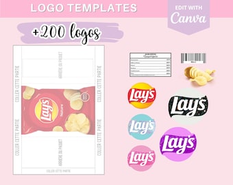 Modelo completo para crear empaques de chips Lay's, plantilla (template) en Canva + 110 logos y 90 códigos de barras para descargar