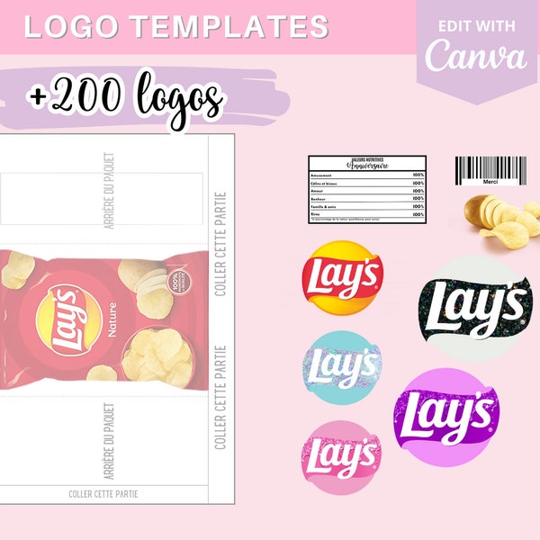 Modèle complet pour créer des emballages chips Lay's, template (gabarit) sur Canva + 110 logos et 90 codes-barres en téléchargement