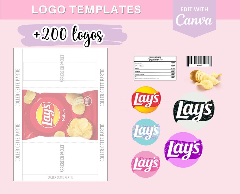 Compleet model om Lay's chipverpakking, sjabloon template op Canva te maken 110 logo's en 90 barcodes om te downloaden afbeelding 1