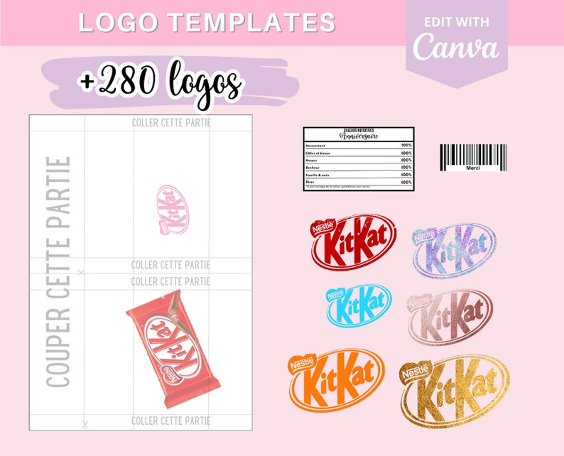 Modèle complet pour créer des emballages KitKat, template gabarit sur Canva 190 logos et 90 codes-barres en téléchargement image 1