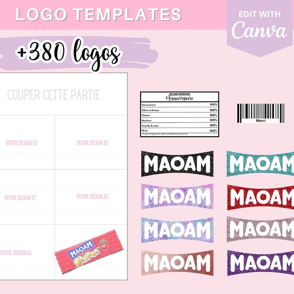 Modèle complet pour créer des emballages Maoam, template (gabarit) sur Canva + 290 logos et 90 codes-barres en téléchargement
