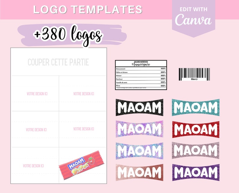 Komplettes Modell zur Erstellung einer Maoam-Verpackung, Vorlage Vorlage auf Canva 290 Logos und 90 Barcodes zum Download Bild 1