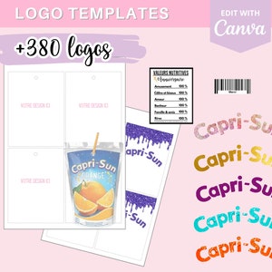 Modèle complet pour créer des étiquettes Capri Sun, template gabarit sur Canva 290 logos et 90 codes-barres en téléchargement image 1