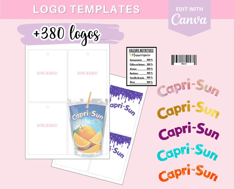 Modèle complet pour créer des étiquettes Capri Sun, template gabarit sur Canva 290 logos et 90 codes-barres en téléchargement image 1